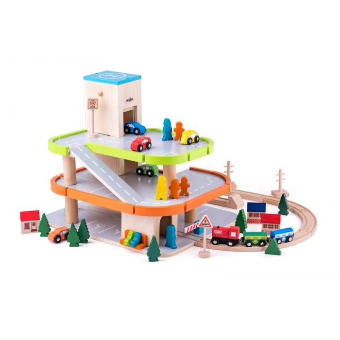 Garaj din lemn cu lift pe 3 nivele  Set parcare si gara pentru trenulete cu masinute si Heliport